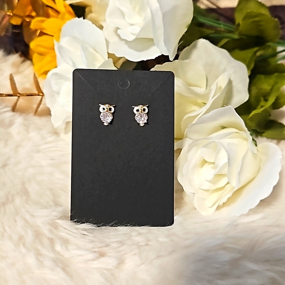 Owl Charm Stud Earrings Cubic Zirconia Gold - Brand New